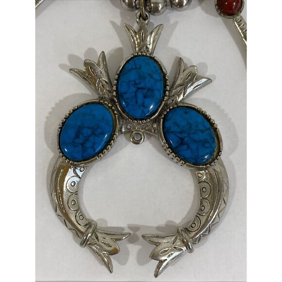Vtg Arthur Pepper Faux Southwestern Squash Blossom Necklace Silver Turquoise - Picture 5 of 10